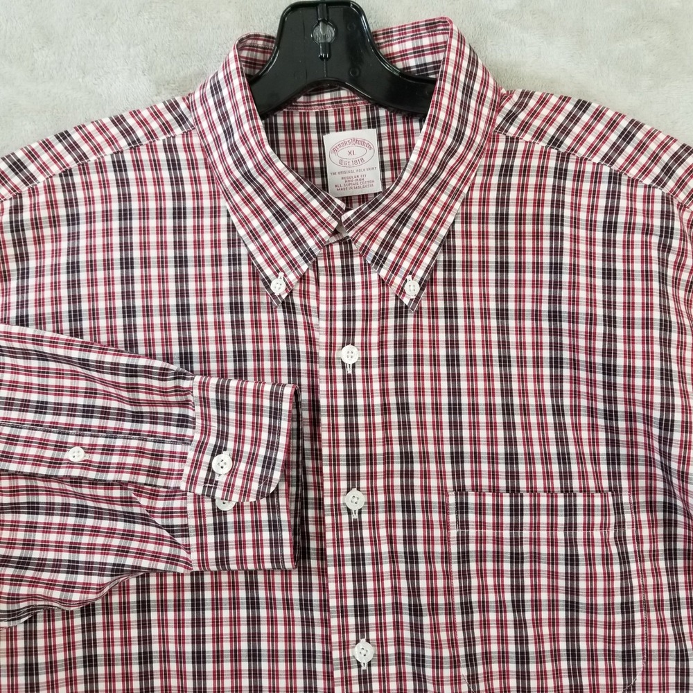 Brooks Brothers Button Up Mens XL Red Plaid No Iron Supima Cotton Long Sleeve